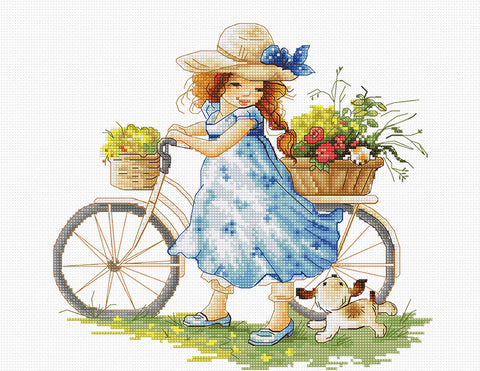 Kryželių rinkinys: mergaitė su dviratuku ir gėlių krepšeliais, mėlyna suknelė, pilnas atspaudas motyvo centrinėje dalyje, 30×30 cm