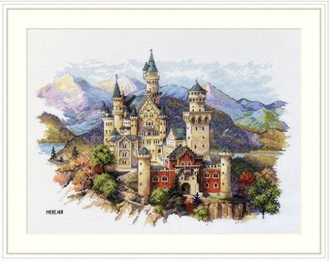 kryželių siuvinėjimo rinkinys Neuschwansteino pilis, spalvotas kalnų peizažas, rėminis 40×30 cm, parodo užbaigtą siuvinėjimą ir spalvų detales
