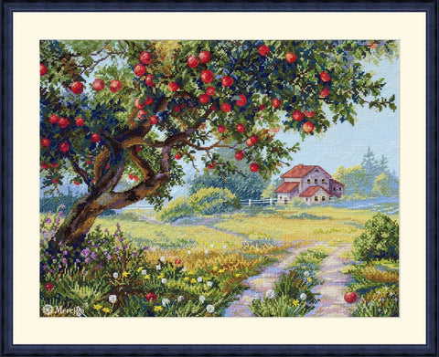 Kryželių rinkinys Mereljka: obuolių medis ir kaimo namelis, margas siuvinėjimas tamsiai mėlyname rėme, 40×30 cm