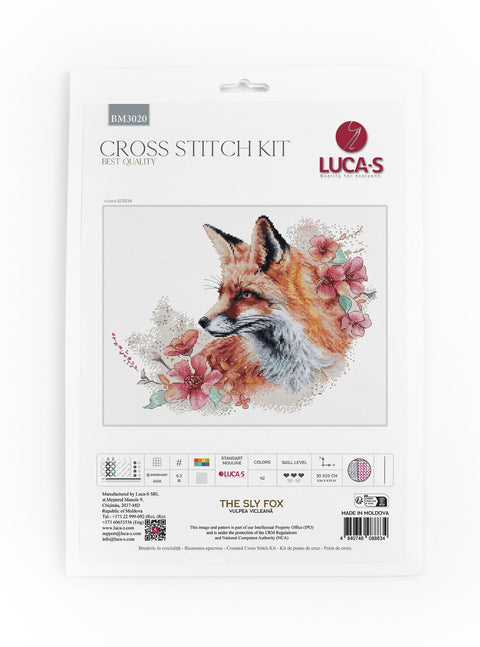 Kryželių siuvinėjimo rinkinys LUCA‑S: 30×22 cm lapės raudoni‑oranžiniai atspalviai su rožiniais žiedais ant pakuotės priekio