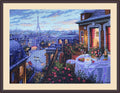 Siuvinėtas paveikslas Paryžiaus balkonas, rėminis 40×30 cm, mėlyno‑rožinė paletė, vakaro panorama su Eifelio bokštu