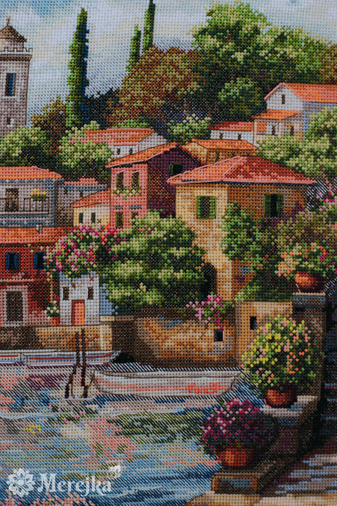 Pajūrio sodai – kryželiu siuvinėjimo rinkinys Aida 16, DMC, 31x40 cm
