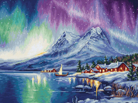 Deimantinė mozaika: naktinis skandinaviškas peizažas su šiaurės pašvaiste, kalnais ir ežero pakrante, 40×50 cm