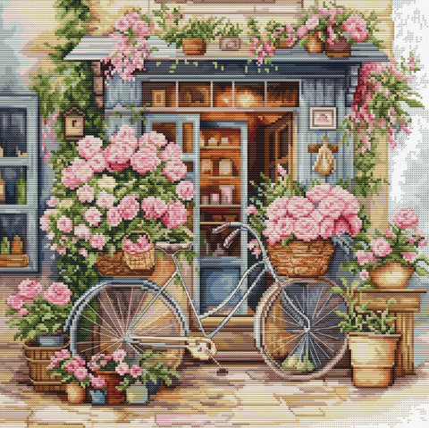 Drobė pastelinių rožių ir dviračio scena prie parduotuvės įėjimo, frontalinis kampas, 50×70 cm variantas