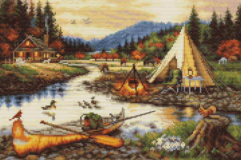 Kryželių rinkinys rudeniškos stovyklavietės scena su palapine, laužu, valtimi ir upeliu, detalus 40×60 cm baigtinis darbas