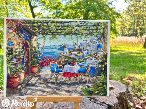 Santorinis: vaizdas nuo terasos – sienų paveikslas 38,5×29 cm