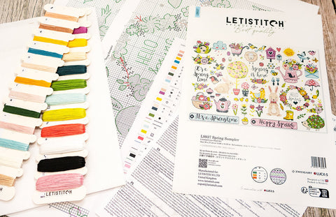 Kryželių rinkinys Letistitch Spring Sampler su įvairiaspalvėmis siūlų kortelėmis ir aiškia žingsnių diagrama