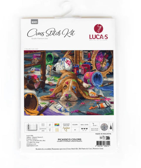 Kryželių rinkinys LUCA‑S Picasso's Colors – spalvingas šuniuko ir išmėtytų dažų motyvas, matomas ant pakuotės priekyje