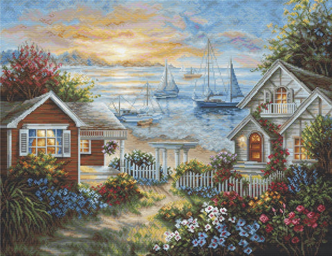 Paveikslas prieplaukos saulėlydis, drobė 60×40 cm, šiltų tonų akvarelės imitacija interjero sienai
