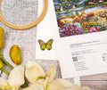 Siuvinėjimo rinkinys LETS STITCH Spring Mountain Majesty su 45×34 cm audiniu, mediniu lanku ir geltonu drugeliu aplikacijai