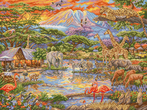 Gobelenas spalvinga Afrikos safari scena su flamingais, žirafomis, drambliais ir birdų atspindžiais vandenyje