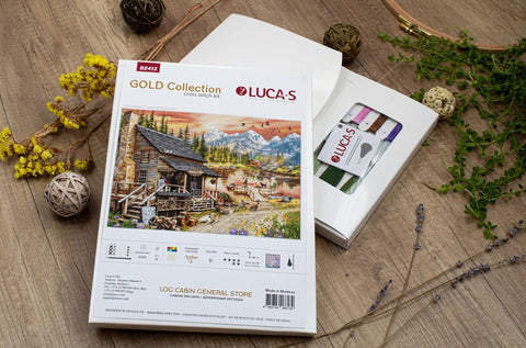 Kryželių rinkinys LUCA‑S Gold Collection, baltame dėkle su spalvotų siūlų langeliu ir kalnų trobelės piešiniu