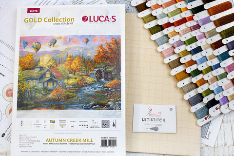 kryželių siuvinėjimo rinkinys Luca-S Autumn Creek Mill, plokščiai išdėstytas su Anchor spalvotais siūlais, drobe ir schema