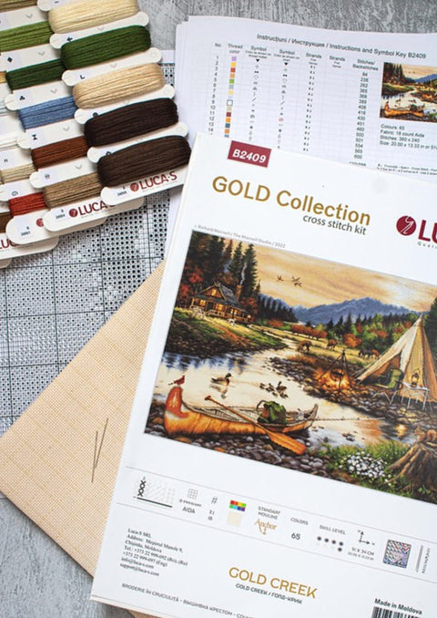 Kryželių rinkinys Gold Collection "Gold Creek" su drobe, spalvotais siūlais ir schema ežero bei kanojų motyvu