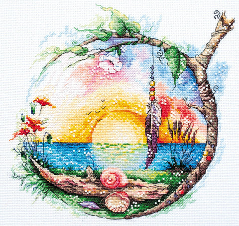 Siuvinėjimo kryželiu rinkinys „Saulėtas rojus“, 25x25 cm paveikslas