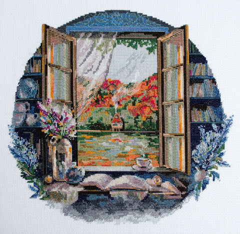 Kryželiu siuvinėjimo rinkinys „Arbatos metas prie lango“ 23x23 cm