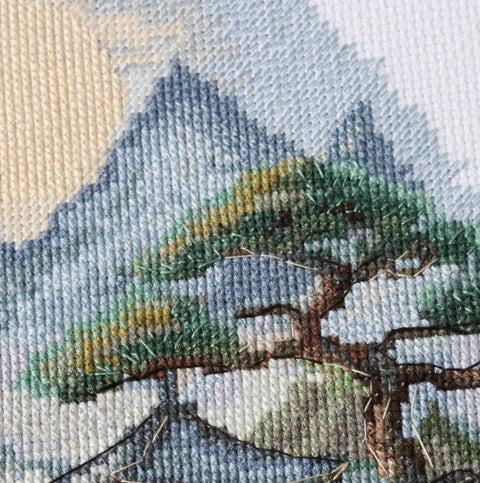 Siuvinėjimo kryželiu rinkinys „Rami vieta“, gamtos peizažas 34×28 cm