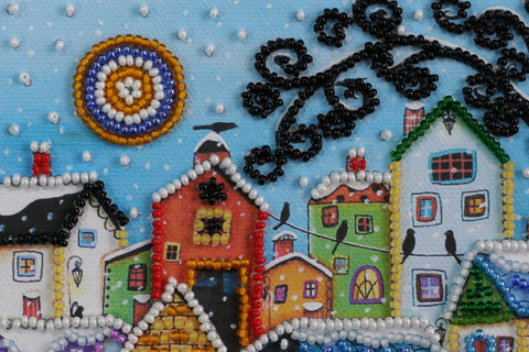 Mini karoliukų siuvinėjimo rinkinys „Spalvingi namai“ 15x15 cm