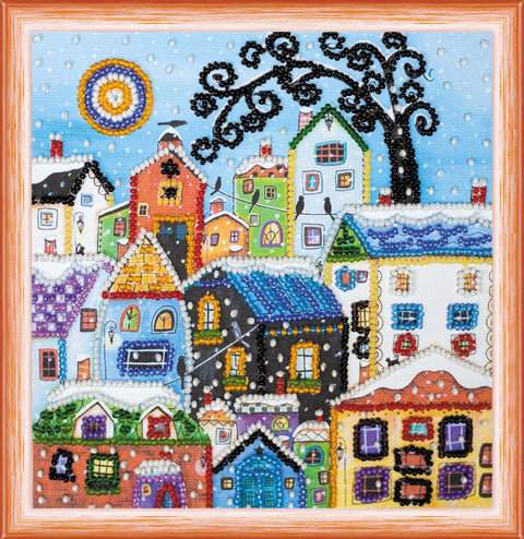 Mini karoliukų siuvinėjimo rinkinys „Spalvingi namai“ 15x15 cm