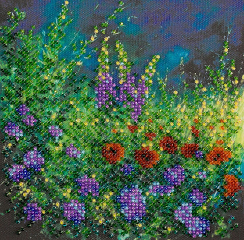 Mini siuvinėjimo karoliukais rinkinys „Lauko pieva“, 15x15 cm
