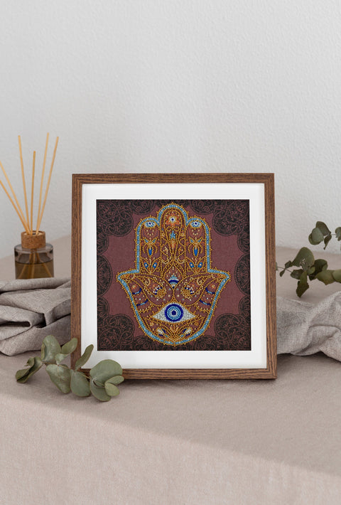 Karoliukų siuvinėjimo rinkinys „Auksinė Hamsa“ 20x20 cm Abris Art