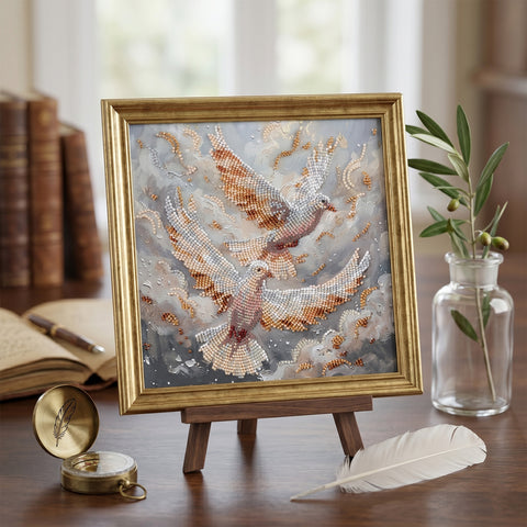 Karoliukų siuvinėjimo rinkinys „Balandžių šokis“ 20×20 cm