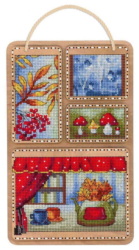 Kryželių siuvinėjimo rinkinys ant medžio „Rudens koliažas“ 26x17 cm