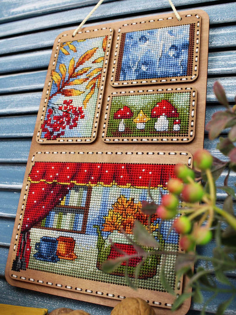 Kryželių siuvinėjimo rinkinys ant medžio „Rudens koliažas“ 26x17 cm