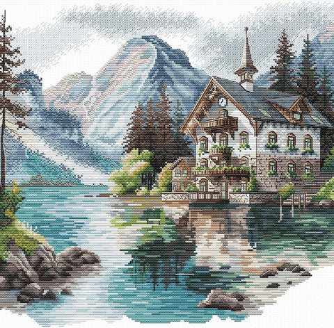 Rinkinys kryželiui „Kalnų ežero sodyba“ 32x31 cm AVA-P048
