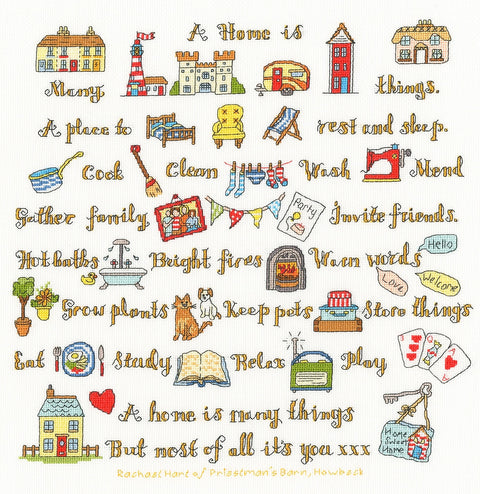 Siuvinėjimo kryželiu rinkinys „A Home Is Many Things“ su abėcėle, 33x34 cm