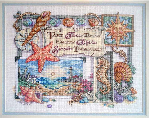 Siuvinėjimo rinkinys su jūros motyvais – pastelinis starfish, jūros arkliukas, švyturys ir užrašas „Take Time…“