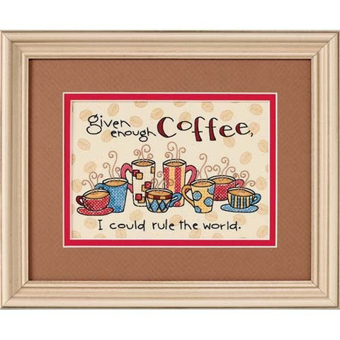 Rėmelis su kavos tema: šviesaus medžio rėmas, raudoni pakraščiai, spalvoti puodeliai ir užrašas „given enough coffee, I could rule the world“
