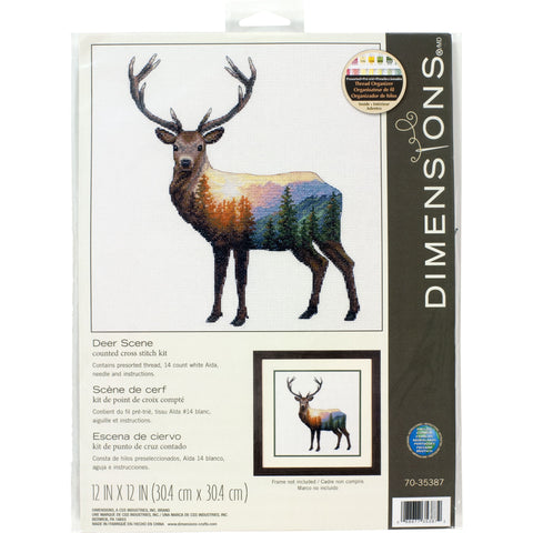 Skaičiuojamas kryželių rinkinys su elnio piešiniu, Dimensions firminėje pakuotėje, 14 count balta Aida, perskirti siūlai, adatėlė ir instrukcija, skirta 30,4×30,4 cm darbui