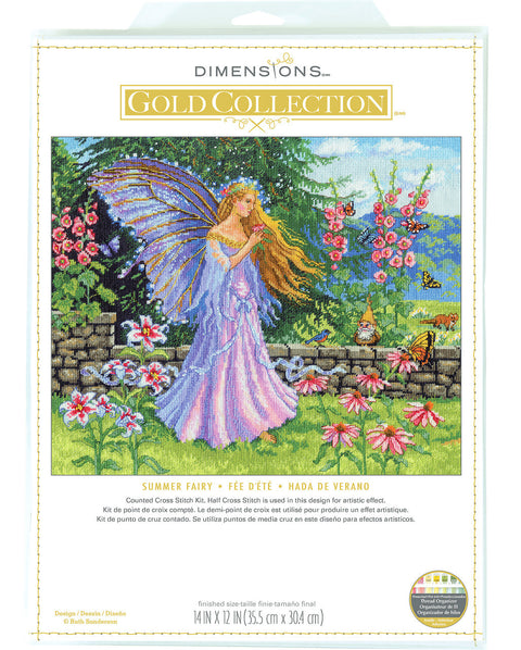 Kryželių rinkinys Dimensions Gold Collection (35,5×30,4 cm) pakuotėje su vasaros fėja, violetine suknele ir sodriu gėlių fono motyvu