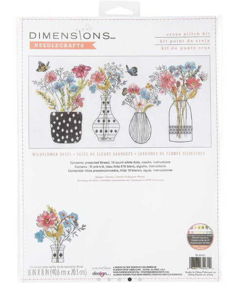 Siuvinėjimo rinkinys Dimensions su laukinių gėlių motyvu ir keturių vazių dizainais, baigtinis dydis 40×20 cm