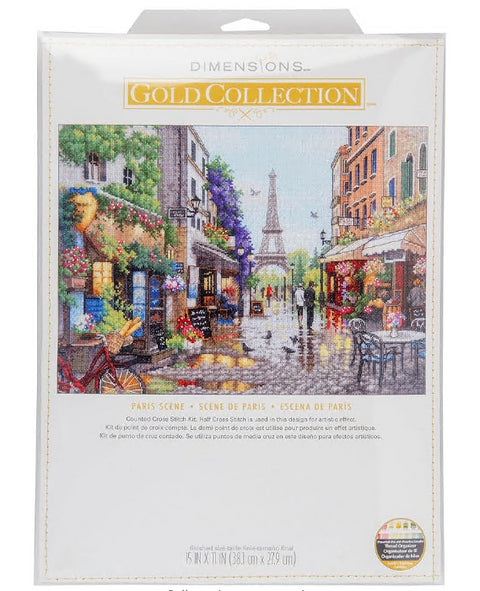 kryželių rinkinys Dimensions Gold Collection Paris Scene, 13×28 cm drobė su detalia gatvės kompozicija ir Eifelio bokštu