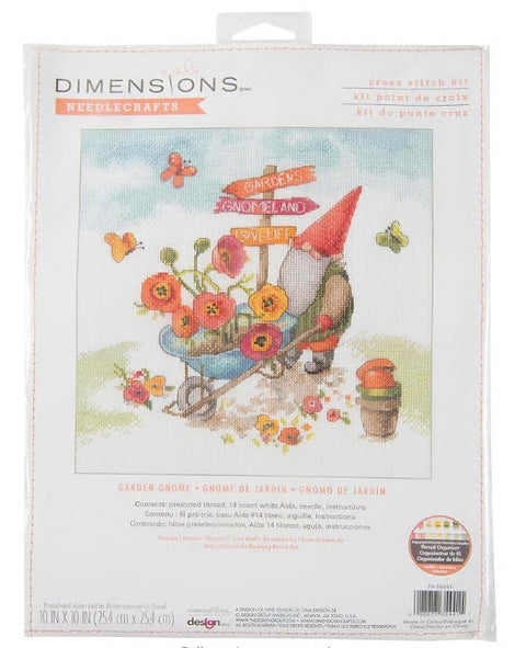 Kryželių rinkinys Dimensions "Garden Gnome", 25×25 cm, pakuotės priekyje — nykštukas vežimėlyje su ryškiomis gėlėmis