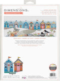 Siuvinėjimo rinkinys Dimensions Beach Huts — spalvotos paplūdimio trobelės ant pakuotės, 45,7×17,7 cm, priekinė dalis