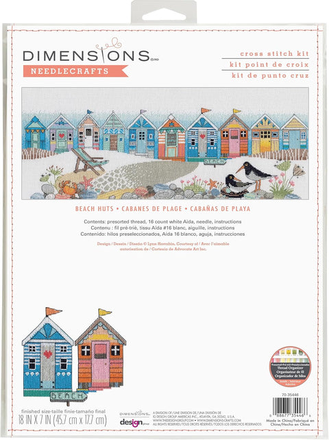 Siuvinėjimo rinkinys Dimensions Beach Huts — spalvotos paplūdimio trobelės ant pakuotės, 45,7×17,7 cm, priekinė dalis