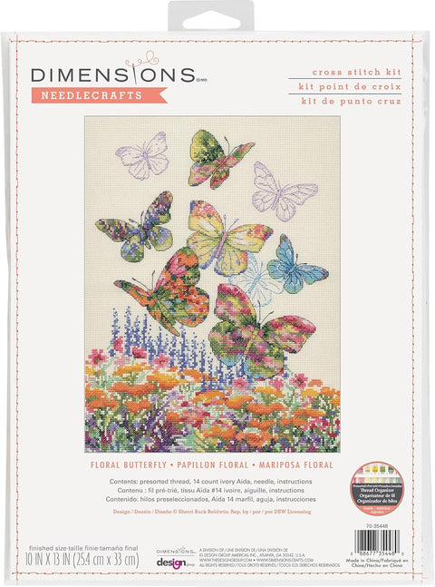 Kryželių siuvinėjimo rinkinys Dimensions, priekinėje pakuotėje spalvingi drugeliai virš laukinių gėlių, baigtinis 25×33 cm