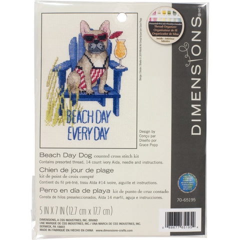 Kryželių rinkinys Beach Day Dog (Dimensions) su paruoštais siūlais ir 14-count Aida audiniu, pakuotė 5×7 col.