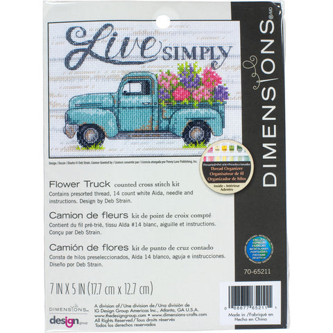 Kryželių rinkinys Flower Truck, pakuotės priekinis skydelis su turkio furgonu, ryškiomis gėlėmis ir pridedamu siūlų organizatoriumi, 17,7×12,7 cm