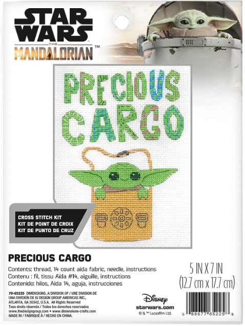 Kryželių rinkinys Star Wars „Precious Cargo“ – Grogu žalias veidas kyšo iš krepšelio, 5×7 col., komplekte siūlai ir Aida audinys