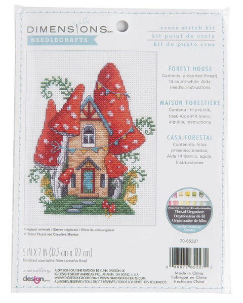 Kryželių siuvinėjimo rinkinys Dimensions Forest House, užbaigtas dizainas ant pakuotės — mažas namelis su raudonais grybų stogais, 12,7×17,8 cm