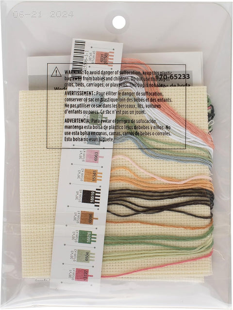 Siuvinėjimo rinkinys su kreminiu Aida audiniu, keliolikos pasteliškų ir tamsių siūlų komplektu ir spalvų žymele plastikinėje pakuotėje