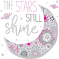 Sienų lipdukas vaikų kambariui su pilkai rožiniu gėlių pusmėnuliu ir užrašu The Stars Still Shine, fronto variantas