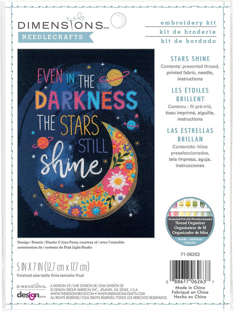 Siuvinėjimo rinkinys Dimensions Stars Shine 12,7×17,7 cm su spausdinta mėnulio ir gėlių kompozicija bei siūlų organizatoriumi