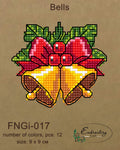 Kryželių siuvinys: geltoni varpeliai su raudona juosta ir žaliomis uogomis, spalvotas 9 × 9 cm pavyzdys iš Embroidery Craft