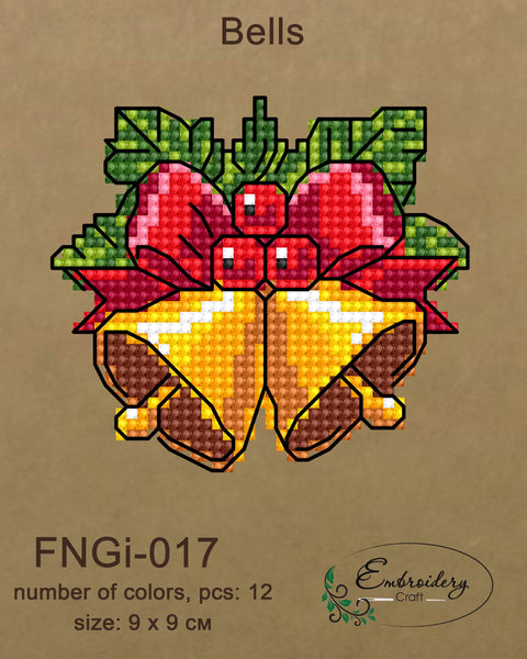 Kryželių siuvinys: geltoni varpeliai su raudona juosta ir žaliomis uogomis, spalvotas 9 × 9 cm pavyzdys iš Embroidery Craft