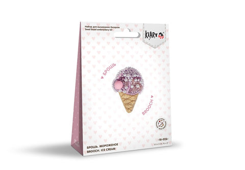 Sagė Klart – rankų darbo ledų formos sagė iš rožinių ir perlinių karoliukų, komplekte pakuotėje, dydis apie 3,5×5 cm
